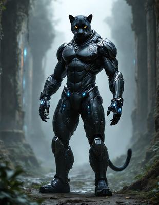 The primary subject of the image is a cat, specifically a black cat, wearing a futuristic metal suit. The cat is standing in a forest, surrounded by trees and rocks. The visual style of the image is digital art, as it appears to be a computer-generated or digitally rendered scene. The colors and mood of the image are dark and mysterious, with the black cat and the futuristic metal suit creating a sense of intrigue and wonder.
