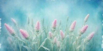 The primary subject of the image is a field of flowers, with a blue sky in the background. The flowers are pink and white, and they are scattered throughout the field. The visual style of the image is a combination of photo and digital art, creating a vibrant and lively atmosphere. The colors and mood of the image are predominantly blue and pink, giving it a serene and peaceful feel.