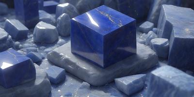 The primary subject of the image is a blue square block, which is the main object in the scene. The setting is a rocky surface, with a blue background and a patterned texture. The visual style of the image is a combination of photo and digital art, creating a unique and intriguing appearance. The dominant colors in the image are blue and white, giving the scene a calm and serene atmosphere.