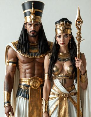 The primary subject of the image is a man and a woman dressed in Egyptian costumes, standing next to each other. They are both wearing gold and white clothing, with the man wearing a gold crown. The setting appears to be a studio or a stage, as the couple is posing for a picture. The visual style of the image is a combination of photo and digital art, creating a unique and eye-catching scene. The colors and mood of the image are warm and vibrant, with the gold and white costumes adding a touch of elegance and sophistication.