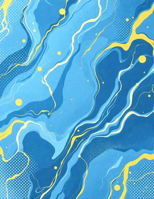 The primary subject of the image is a blue and yellow swirling pattern, which appears to be a digital art or illustration. The setting is a blue and yellow background, creating a vibrant and lively atmosphere. The visual style is a mix of digital art and illustration, with a focus on the swirling pattern. The colors and mood of the image are energetic and dynamic, with the blue and yellow colors evoking a sense of movement and liveliness.