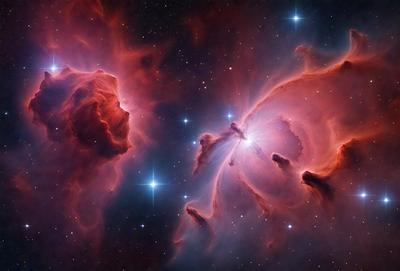 The primary subject of the image is a nebula, which is a celestial object that appears as a cloud of gas and dust in space. The setting is a dark, starry sky, with the nebula being the main focus of the image. The visual style is a combination of a photo and digital art, creating a unique and captivating representation of the nebula. The colors and mood of the image are predominantly dark and dramatic, with the nebula standing out against the backdrop of the night sky.