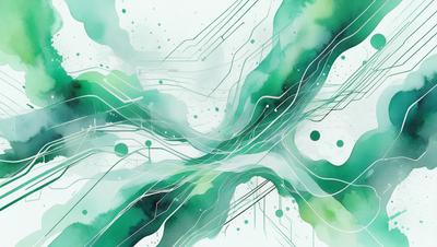 The primary subject of the image is a green and white painting of a waterfall. The setting is a waterfall, and the visual style is a digital art or illustration. The dominant colors are green and white, creating a serene and natural atmosphere.