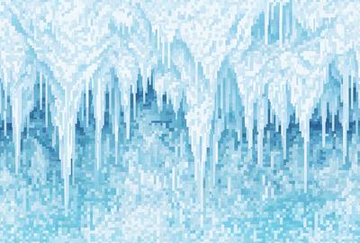 The primary subject of the image is a large ice formation, possibly a glacier or a frozen waterfall. The setting is a snowy environment, with the ice formation as the main focus. The visual style is a digital art or illustration, with the ice formation being depicted in a detailed and intricate manner. The colors and mood of the image are predominantly blue and cold, reflecting the icy and chilly atmosphere of the scene.
