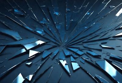 The primary subject of the image is a large, circular glass window with a blue tint. The window is shattered, creating a sense of disarray and chaos. The setting is a dark room, with the shattered window as the main focus. The visual style is a combination of a photo and digital art, as the window appears to be a digital creation with a blue tint. The colors and mood of the image are dark and moody, with the shattered window creating a sense of danger and instability.