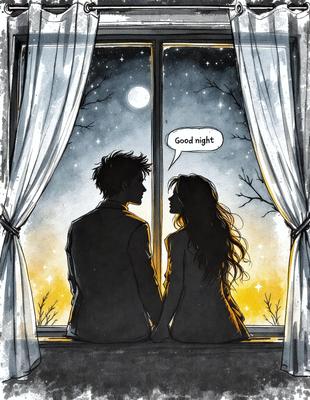The primary subject of the image is a man and a woman sitting together in a room. They are looking out a window at night, with the man on the left and the woman on the right. The setting appears to be a cozy, intimate space. The visual style of the image is a black and white drawing, giving it a classic and timeless feel. The dominant colors are black and white, with the night sky and the woman's hair adding a touch of color to the scene. The overall atmosphere is one of warmth and connection between the two individuals.