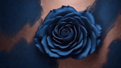 The primary subject of the image is a blue rose. The setting is a dark background, which contrasts with the blue rose. The visual style is a close-up of the rose, showcasing its details. The dominant colors are blue and black, creating a moody atmosphere.