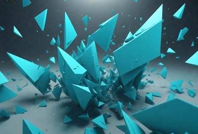 The primary subject of the image is a collection of blue triangles, which are scattered throughout the scene. The setting is a dark background, which contrasts with the bright blue triangles. The visual style is a combination of digital art and illustration, creating a dynamic and visually appealing composition. The dominant colors are blue and black, giving the image a modern and sleek appearance.