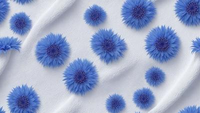 The primary subject of the image is a group of blue flowers, which are scattered across a white surface. The setting appears to be a white sheet or a white background, which provides a clean and minimalistic backdrop for the flowers. The visual style of the image is a close-up of the flowers, showcasing their vibrant blue color and intricate details. The overall atmosphere of the image is serene and calming, with the blue flowers serving as a focal point against the white background.