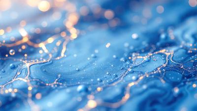 The primary subject of the image is a close-up of a blue surface, possibly a pool of water, with a few droplets of water scattered across it. The setting appears to be a dark, possibly nighttime, environment. The visual style of the image is a combination of a photo and digital art, creating a unique and intriguing appearance. The colors in the image are predominantly blue, with the droplets of water adding a touch of white. The overall atmosphere of the image is serene and captivating.