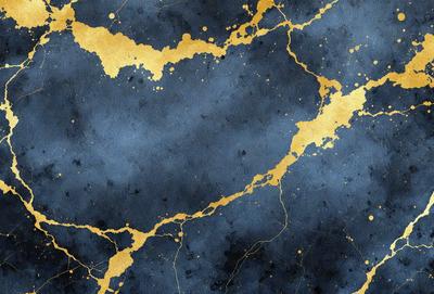 The primary subject of the image is a blue and gold wallpaper with a gold and blue color scheme. The setting is a wall, and the visual style is a combination of digital art and illustration. The colors and mood of the image are vibrant and lively, creating a visually appealing and dynamic scene.