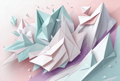The primary subject of the image is a large, three-dimensional paper sculpture of a mountain. The setting is a pink and purple background, which adds a vibrant and colorful atmosphere to the scene. The visual style is a combination of digital art and illustration, creating a unique and eye-catching representation of the mountain. The colors and mood of the image are predominantly pink and purple, giving it a warm and inviting feel.