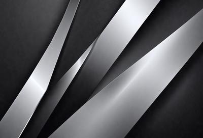 The primary subject of the image is a series of silver, metallic, or shiny strips or blades. These strips are arranged in a visually appealing manner, creating an artistic and modern appearance. The setting or background of the image is a black surface, which contrasts with the silver strips, emphasizing their shine and reflecting the light. The visual style of the image is a combination of photo, digital art, or illustration, showcasing the intricate design and craftsmanship of the silver strips. The colors and mood of the image are predominantly silver and black, giving it a sleek, contemporary, and sophisticated feel.
