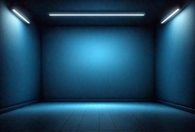 The primary subject of the image is a large, empty room with a blue wall. The setting is a dark room with a blue wall, and the visual style is a photo. The dominant colors are blue and black, creating a moody atmosphere.
