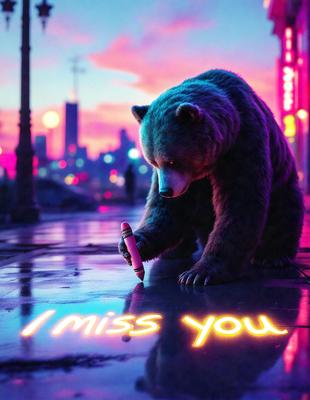 The primary subject of the image is a large, colorful bear. The bear is standing on a sidewalk, and it appears to be writing with a pencil. The setting is a city street at night, with a pink sky in the background. The visual style of the image is a combination of digital art and illustration, creating a vibrant and lively atmosphere. The colors and mood of the image are predominantly pink and purple, giving the scene a warm and inviting feel.