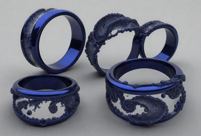 The primary subject of the image is a pair of blue rings with intricate designs on them. The rings are placed on a white surface, which serves as the setting or background. The visual style of the image is a combination of photo and digital art, as the rings appear to be a blend of both. The dominant colors in the image are blue and white, creating a clean and elegant atmosphere.