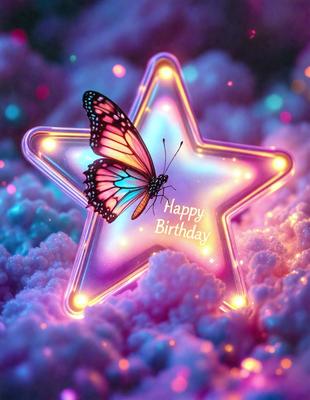 The primary subject of the image is a butterfly, which is the main object, scene, or focus of the image. The butterfly is sitting on a star-shaped decoration, which is the setting or background of the image. The visual style of the image is digital art, as it is a digital illustration of a butterfly on a star. The colors and mood of the image are vibrant and cheerful, as the butterfly and star are both brightly colored and create a sense of happiness and celebration.