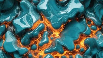The primary subject of the image is a blue and orange liquid, possibly a lava-like substance, with a blue background. The visual style appears to be a digital art or illustration, as the colors and patterns are vibrant and intricate. The dominant colors are blue and orange, creating a striking contrast between the two. The overall atmosphere of the image is dynamic and captivating, with the blue and orange liquid flowing and interacting with the blue background.