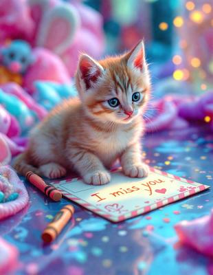 The primary subject of the image is a small orange and white kitten sitting on a card that says "I miss you." The setting is a pink and purple background, which adds a playful and warm atmosphere to the scene. The visual style is a combination of photo and digital art, creating a realistic yet whimsical representation of the kitten and its card. The colors and mood convey a sense of love and longing, as the kitten appears to be missing someone or something.