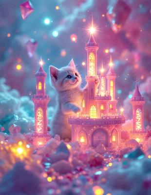 The primary subject of the image is a small kitten standing in front of a castle made of cake. The setting is a pink and purple background, which adds a whimsical and playful atmosphere to the scene. The visual style is a digital art or illustration, as the kitten and the castle are both depicted in a creative and imaginative manner. The colors and mood of the image are predominantly pink and purple, giving it a warm and cheerful vibe.