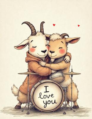 The primary subject of the image is a cartoon drawing of two goats, one of which is holding a drum. The setting is a white background, and the visual style is a cartoon illustration. The colors are predominantly brown and white, giving the image a warm and friendly atmosphere.