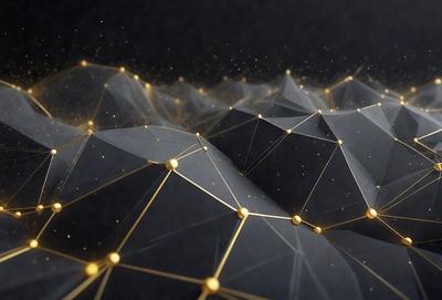 The primary subject of the image is a close-up of a geometric pattern, possibly a honeycomb or a network of interconnected shapes. The setting is a dark background, which contrasts with the bright and intricate pattern. The visual style appears to be a combination of digital art and illustration, creating a unique and captivating image. The dominant colors are gold and black, giving the pattern a warm and sophisticated appearance.
