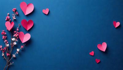 The primary subject of the image is a collection of hearts, which are scattered across a blue background. The hearts are made of paper and are of various sizes, creating a visually appealing and playful scene. The setting is a blue wall, which serves as the backdrop for the hearts. The visual style of the image is a combination of artistic and digital elements, as the hearts are created using paper and then digitally placed on the blue wall. The colors and mood of the image are predominantly blue, with the hearts adding a touch of warmth and vibrancy to the overall atmosphere.