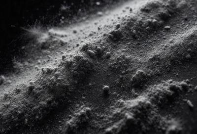 The primary subject of the image is a pile of black powder, which appears to be a fine, granular substance. The setting is a dark background, which contrasts with the black powder. The visual style is a close-up of the powder, showcasing its texture and appearance. The colors and mood of the image are predominantly dark, with the black powder being the main focus.