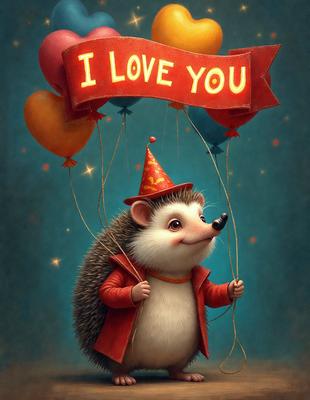The primary subject of the image is a hedgehog wearing a red jacket and a birthday hat. The hedgehog is holding onto balloons, which are floating in the air. The setting appears to be a festive environment, possibly a birthday party. The visual style of the image is digital art, with a vibrant and colorful atmosphere.