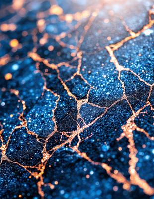 The primary subject of the image is a close-up of a blue surface with a pattern of yellow and orange streaks. The setting appears to be a dark room, and the visual style is a combination of a photo and digital art. The dominant colors are blue, yellow, and orange, creating a vibrant and lively atmosphere.