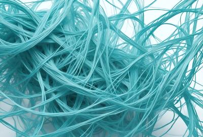 The primary subject of the image is a blue, twisted, and tangled mass of yarn. The setting is a white background, which provides a clean and uncluttered environment for the yarn to be the main focus. The visual style is a close-up of the yarn, showcasing its intricate and twisted patterns. The colors and mood of the image are predominantly blue, giving it a calm and soothing atmosphere.