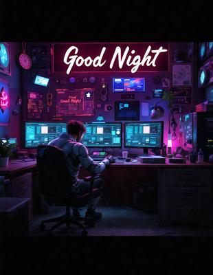 The primary subject of the image is a man sitting at a desk in a room with multiple computer monitors. He is wearing a suit and appears to be working on a computer. The setting is a room with a desk, chairs, and various computer equipment. The visual style is a digital art or illustration, with a pink and purple color scheme that gives the room a futuristic and vibrant atmosphere.