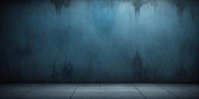 The primary subject of the image is a blue wall with a peeling paint texture. The setting is a room with a blue wall, and the visual style is a photo. The dominant colors are blue and grey, creating a moody atmosphere.