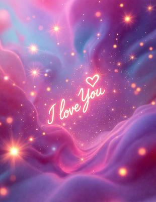 The primary subject of the image is a heart-shaped message written in pink and white letters. The setting is a purple background, which adds a vibrant and colorful touch to the scene. The visual style appears to be a digital art or illustration, as the heart and message are created with precision and detail. The colors and mood of the image are predominantly pink and purple, giving it a warm and affectionate atmosphere.