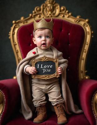 The primary subject of the image is a baby wearing a crown and holding a sign that reads "I love you." The setting is a chair, and the visual style appears to be a photo. The colors in the image are predominantly red and gold, creating a warm and loving atmosphere.