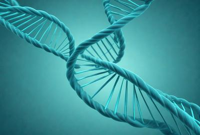 The primary subject of the image is a DNA double helix, which is a blue and white spiral structure. The setting is a blue background, and the visual style is a close-up of the DNA structure. The dominant colors are blue and white, creating a clean and scientific atmosphere.