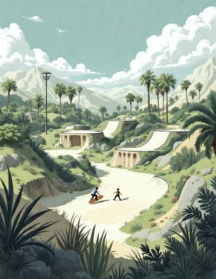 The image is a colorful, hand-drawn illustration featuring a man riding a skateboard down a hill. The scene is set in a lush, tropical environment with palm trees and a mountainous backdrop. The man is the primary subject, and the skateboard is the main object in the scene. The visual style is a combination of digital art and traditional illustration, creating a vibrant and engaging atmosphere. The colors and mood are lively and energetic, reflecting the excitement and freedom associated with skateboarding.