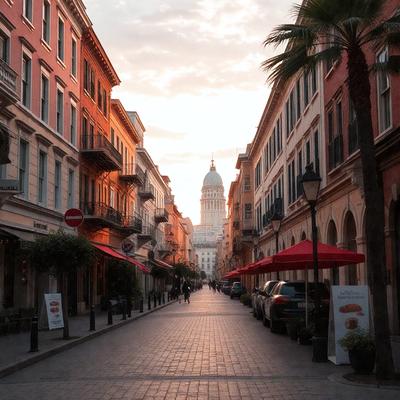 The primary subject of the image is a narrow city street with a brick surface. The setting is a European city, with tall buildings on both sides of the street. The visual style is a photo, capturing the atmosphere of the city. The colors and mood of the image are warm and inviting, with the brick street and the surrounding buildings creating a cozy and charming ambiance.