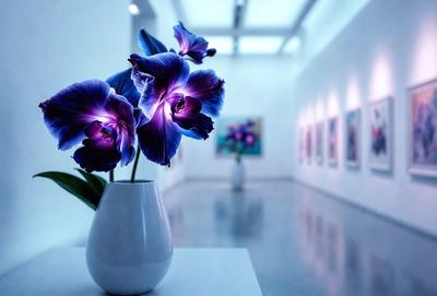 The primary subject of the image is a white vase filled with purple flowers. The vase is placed on a table, and the flowers are arranged in a visually appealing manner. The setting appears to be a room with a white wall, which serves as the background for the vase and flowers. The visual style of the image is a close-up of the vase and flowers, emphasizing their beauty and details. The colors and mood of the image are predominantly purple, creating a serene and calming atmosphere.