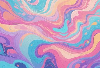 The primary subject of the image is a colorful, swirling pattern that resembles a painting or a digital artwork. The setting is a background of a colorful, swirling pattern, which adds to the overall visual style. The colors and mood of the image are vibrant and lively, with a mix of pink, blue, and yellow hues.