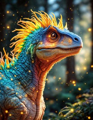 The primary subject of the image is a colorful, rainbow-haired dinosaur with a long neck and a mouth full of teeth. The setting is a forest, with trees visible in the background. The visual style is a digital art or illustration, creating a vibrant and lively atmosphere. The dominant colors are the rainbow-colored hair and the green and brown tones of the dinosaur and the forest.