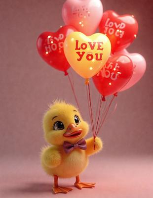 The primary subject of the image is a yellow rubber ducky holding a heart-shaped balloon with the words "I love you" written on it. The setting is a pink background, and the visual style appears to be a digital illustration. The colors and mood of the image are warm and affectionate, with the yellow rubber ducky and heart-shaped balloon symbolizing love and affection.