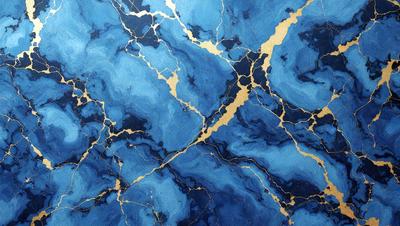 The primary subject of the image is a blue and gold marbled wallpaper. The setting is a room with a blue and gold marbled wallpapered wall. The visual style is a close-up of the wallpaper, showcasing the intricate design. The colors and mood of the image are predominantly blue and gold, creating a luxurious and elegant atmosphere.