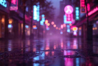 The primary subject of the image is a city street at night, with a wet sidewalk reflecting the lights from the surrounding buildings. The setting includes a city street with buildings, and the visual style is a photo. The colors and mood of the image are predominantly dark and moody, with the lights from the buildings creating a dramatic atmosphere.