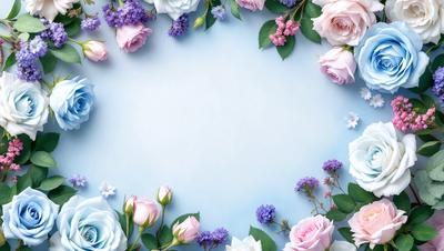 The primary subject of the image is a bouquet of flowers, which are arranged in a circular pattern on a blue background. The flowers are of various colors, including pink, purple, and white. The visual style of the image is a close-up of the flowers, showcasing their beauty and details. The overall atmosphere of the image is serene and elegant, with the flowers creating a harmonious and visually appealing composition.