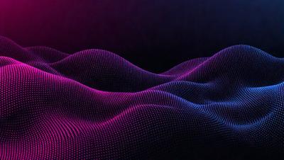 The primary subject of the image is a large, pink, and purple wave pattern. The wave pattern is displayed on a black background, creating a striking contrast. The visual style of the image is a combination of digital art and illustration, with the wave pattern resembling a digital art piece. The colors and mood of the image are predominantly pink and purple, giving it a vibrant and lively atmosphere.
