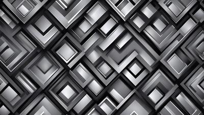 The primary subject of the image is a pattern of square shapes, which are arranged in a visually appealing manner. The setting is a black background, which contrasts with the silver squares. The visual style is a combination of digital art and illustration, creating a modern and sleek appearance. The colors and mood of the image are predominantly silver and black, giving it a contemporary and sophisticated feel.