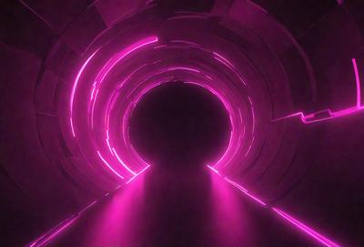 The primary subject of the image is a tunnel with a pink light illuminating it. The setting is a dark room, and the visual style appears to be a digital art or illustration. The dominant colors are pink and purple, creating a warm and inviting atmosphere.