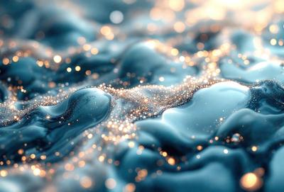 The primary subject of the image is a blue, shimmering surface with a pattern of bright, sparkling lights. The setting appears to be a dark, starry night, with the blue surface as the main focus. The visual style of the image is a combination of a photo and digital art, creating a unique and captivating atmosphere. The colors and mood of the image are predominantly blue, with the sparkling lights adding a touch of warmth and energy to the scene.