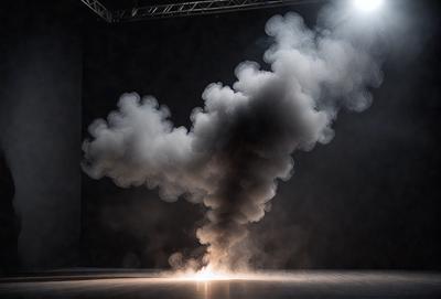 The primary subject of the image is a large, dark, and smoky cloud. The setting is a dark room, and the visual style appears to be a photo. The cloud is the main focus of the image, and it creates a dramatic and moody atmosphere.